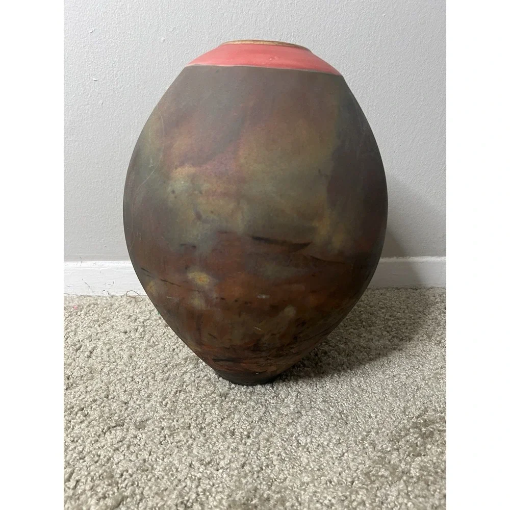 VTG. Raku Pottery Vase Signed Iridescent Earth Tone Finish 1998